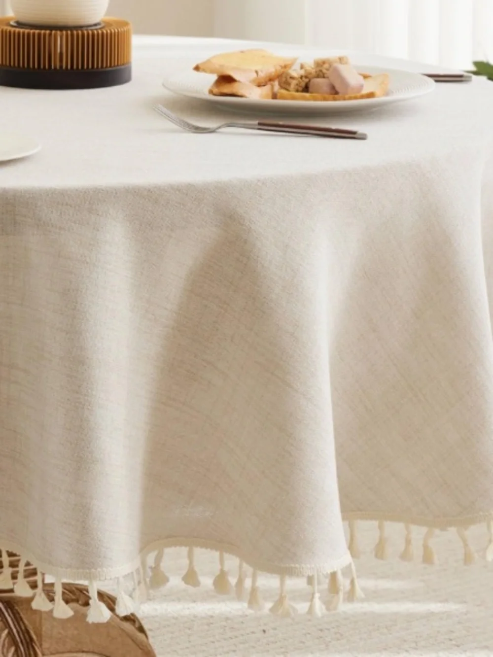 Farmhouse Linen Cotton Tablecloth with Tassel Trim Water-Resistant 60” Round